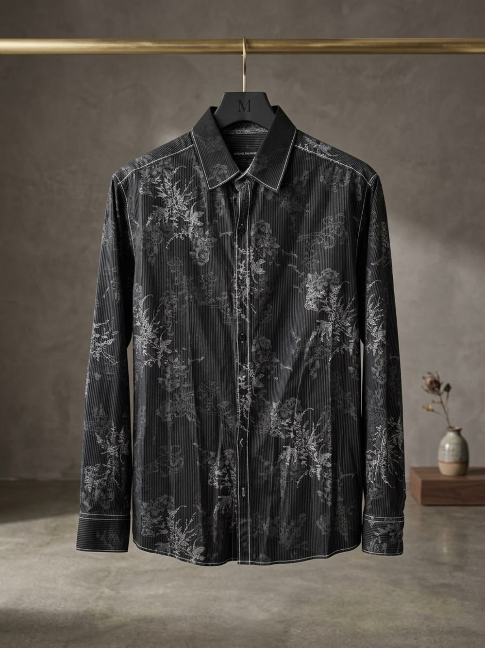 Michael Brandon Black Floral-Pattern Long-Sleeve Dress Shirt